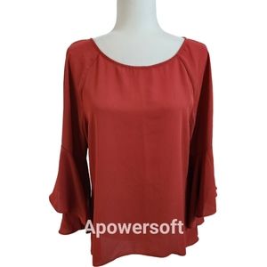 New York & Company Red Chiffon Top w 3/4 Bell Sleeves